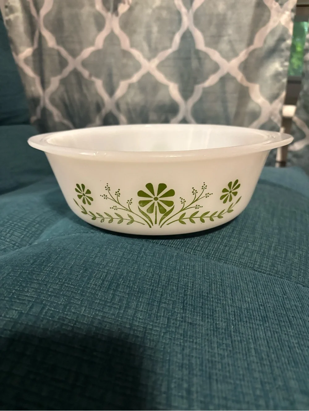 White Casserole Dish with Green Floral Pattern